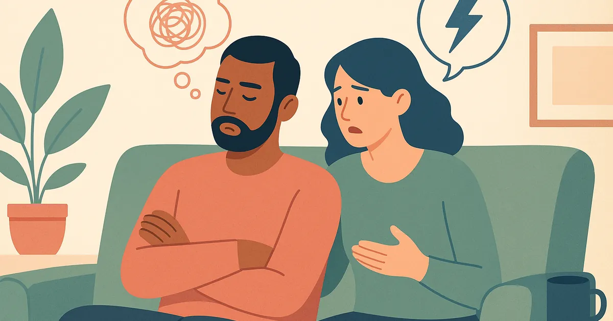 Illustration of Avoidant vs Confrontational Conflict Styles in Couples — Balance Together relationship coaching for couples and partners