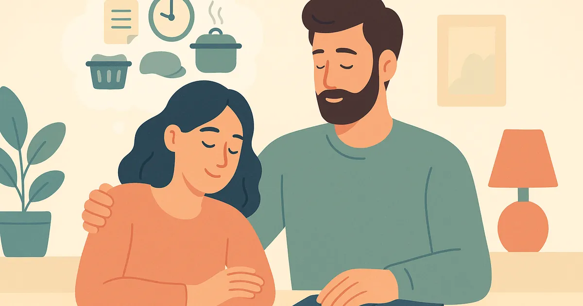 Ilustración de la carga mental invisible en las relaciones modernas - Coaching de relaciones Balance Together para parejas y socios