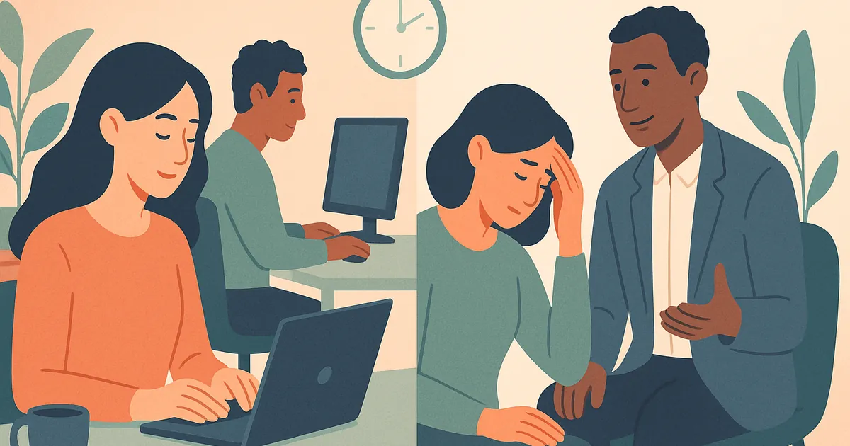 Illustration of Mental Load at Work vs Mental Load at Home — Balance Together workplace mental load coaching for employees and teams